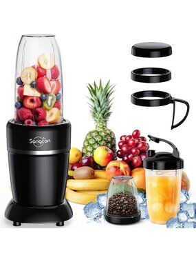 Powerful 1000W Smoothie Blender with 3 Cups, Spout Covers & To-Go Cap - Perfect